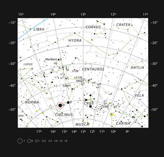 This chart shows most of the stars visible with the unaided eye on a clear night. The star Alpha Centauri is one of the brightest stars in the southern sky (marked with a red circle). It lies just 4.3 light-years from the Earth and one component in a triple star system. Image released Oct. 17. 2012.