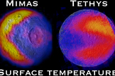 This view of the Pac-Man shapes on Saturn's moons Mimas and Tethys show variations in the heat signature of both moons as seen by an infrared-detecting tool on NASA's Cassini spacecraft.