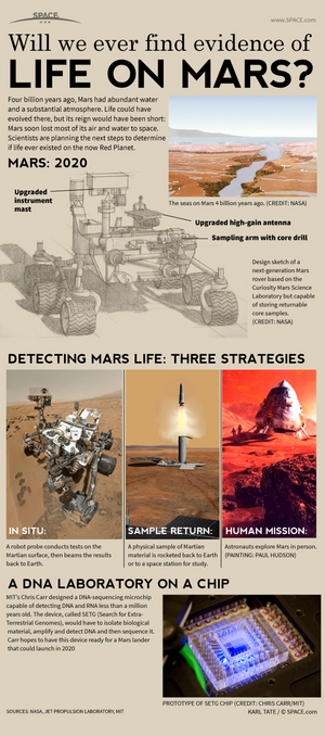 The search for life on Mars may be one of the biggest hunts in space exploration. <a href="http://www.space.com/21960-life-on-mars-search-technology-infographic.html">See how the hunt for ancient evidence of Martian life may work in this infographic</a>.