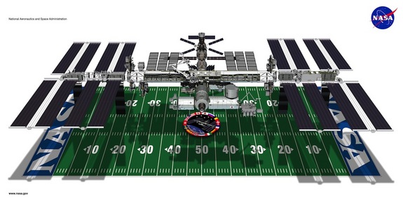 Including its solar arrays, the International Space Station's length and width is about the size of a football field.