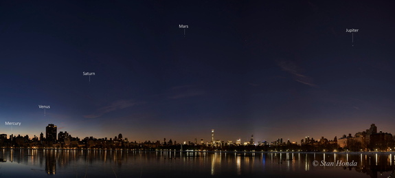  Astrophotographer Stan Honda sent in a panoramic image of five planets in the night sky over Manhattan, taken Jan. 25, 2016.