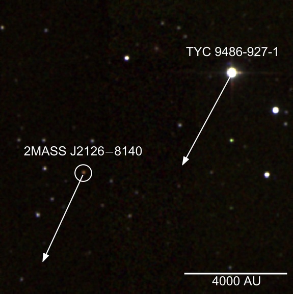 False color infrared image of the star TYC 9486-927-1 and the planet 2MASS J2126; arrows show their projected movement over 1,000 years. The scale indicates a distance of 4,000 astronomical units (AU), where 1 AU is the average distance between the Earth and the sun (about 93 million miles, or 150 million kilometers). 