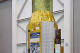 The ASTRO-H spacecraft as it appeared on Nov. 27, 2015, at Tsukuba Space Center in Japan. The open compartment visible at lower left houses the Soft X-ray Spectrometer.