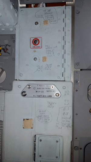 On this panel inside the Apollo 11 command module, numbers and other notations copied from mission control voice transmissions were recorded in pen or pencil, just to the left of where pilot Michael Collins would have stood using the sextant and telescope for navigation. 