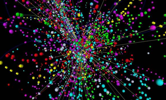 A simulation of a particle collision inside the Large Hadron Collider, the world's largest particle accelerator near Geneva, Switzerland. When two protons collide inside the machine, they create an energetic explosion that gives rise to new and exotic particles.