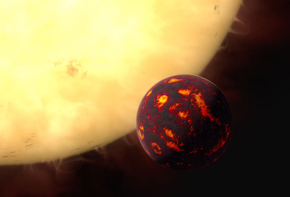 Super-Earth 55 Cancri orbits in front of its parent star in this artist's illustration. 