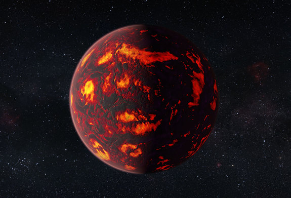 Super-Earth 55 Cancri e is depicted in a close view.