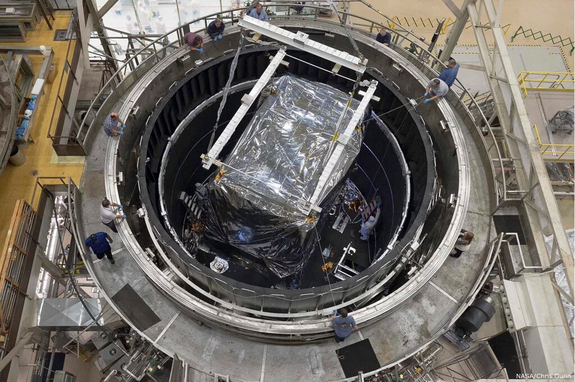 The James Webb Space Telescope's instrument suite being lowered into the cryogenic chamber at NASA's Goddard Space Flight Center in Greenbelt, Maryland.