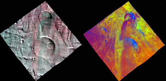 Some relatively fresh impact craters on Vesta’s surface in the south polar region. The different images represent the same region viewed in different wavelengths of light by the Dawn spacecraft.