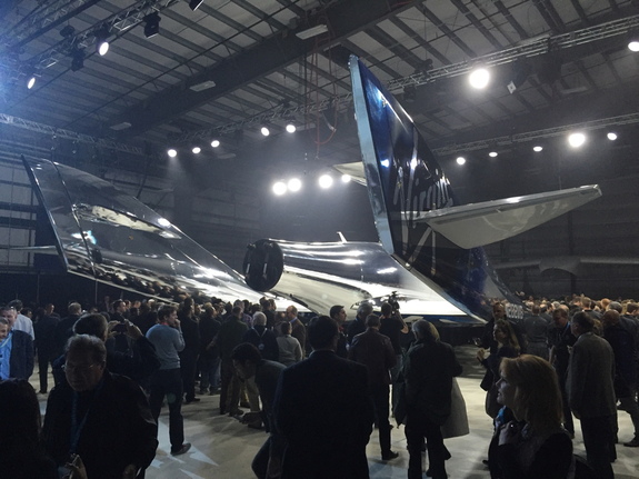 Virgin Galactic's VSS Unity spaceship, viewed from behind at the Mojave Air and Space Port on Feb. 19. 2016.