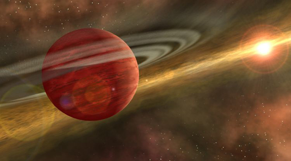 An artist's impression of a young gas giant planet still swathed in traces of a late-stage protoplanetary disk.