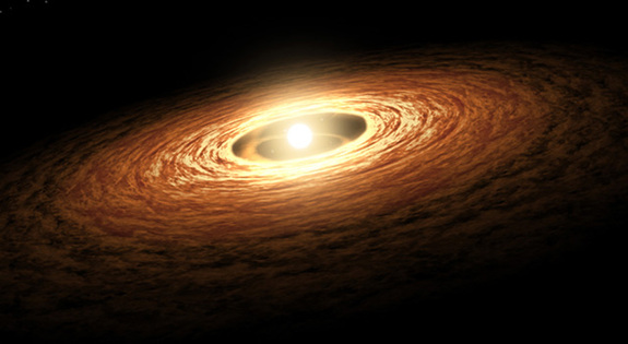 Planets develop out of leftover disks of material, called protoplanetary disks, which surround and revolve around young stars. According to a leading planet formation model known as core accretion, gas and dust particles within these disks glom together into larger and larger bodies. Over millions of years, these bodies smash together and build up into full-size planets, with the biggest objects capturing huge, gassy atmospheres before the protoplanetary disks completely dissipate. However, this core accretion model does not work well at creating gas giants in either tight or very distant orbits from their stars. Nor is the accretion process itself well understood. Newer planet formation theories propose that gas giants can migrate in their orbits, toward or away from their stars as a solar system dynamically evolves. In the process, numerous fledging worlds are gravitationally flung out of the solar system or displaced into unusual orbits. Overall, many questions remain about how, where and when planets arise around stars.