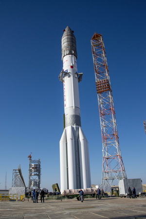 The two ExoMars 2016 spacecraft and their Russian Proton rocket sit on the launchpad at Kazakhstan's Baikonur Cosmodrome on March 11, 2016.