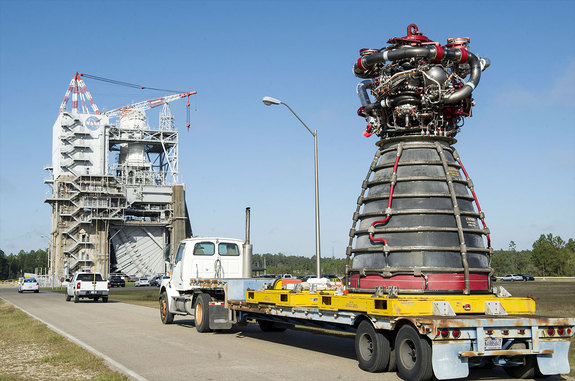 The RS-25 engine No. 2059 arrives at the A-1 Test Stand at NASA's Stennis Space Center on Nov. 4, 2015. The engine was test fired on March 10, 2016. 