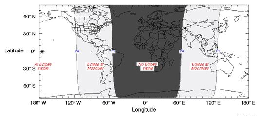 Chart showing the regions from which the penumbral lunar eclipse of March 23, 2016, will be visible, weather permitting.