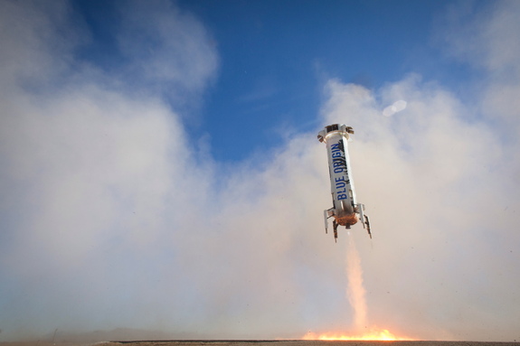Blue Origin's BE-3 engine restarted at 3,635 feet (1.1 km) above ground level and landed successfully at its West Texas launch site on April 2, 2016.