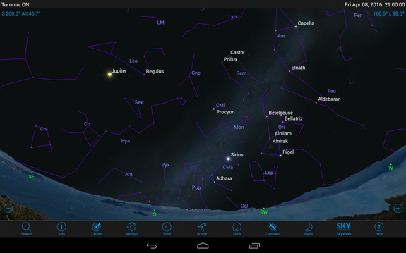 The southwestern sky for 9 p.m. in early April, 2016.