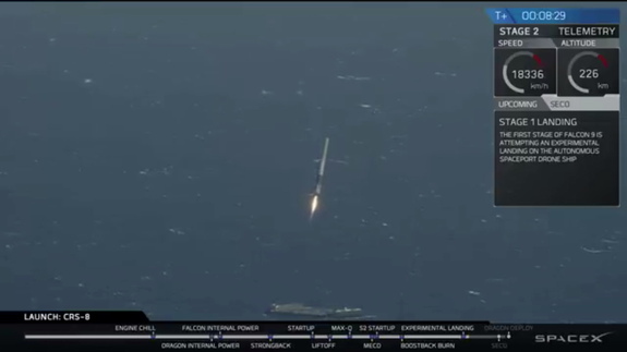 SpaceX's CRS-8 cargo mission launched to the International Space Station from Cape Canaveral, Florida, on April 8, 2016. The rocket's first stage successfully landed on a drone ship, marking the company's first successful ship landing.