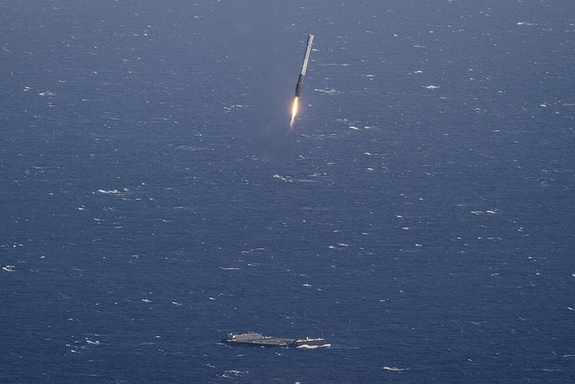 The first stage of SpaceX's Falcon 9 rocket comes in for a successful landing on a robotic drone ship in the Atlantic Ocean on April 8, 2016.