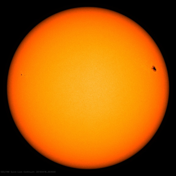 The heart-shaped sunspot AR 2529 is visible in the upper right of this image captured by NASA's Solar Dynamics Observatory. AR 2529 poduced a solar flare at 8:29 p.m. EDT on April 17, 2016.