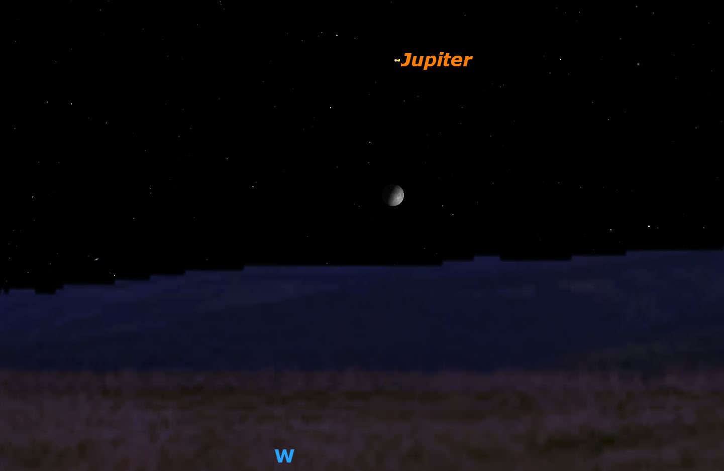 Jupiter 2 degrees north of moon, May 2016