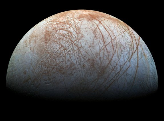 Jupiter’s ocean-harboring moon Europa is seen here in a photo by NASA’s Galileo spacecraft.