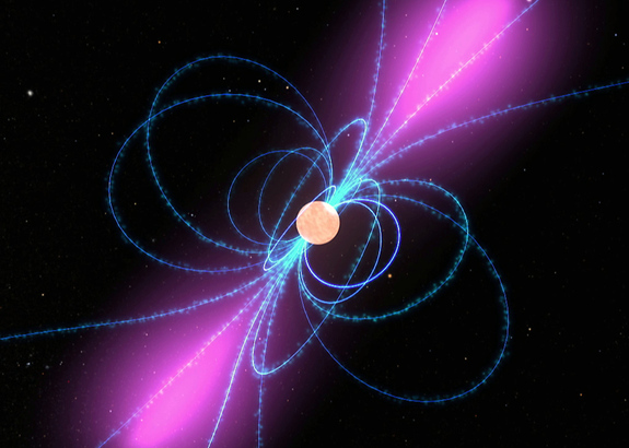 An artist's impression of magnetic-field lines looping around a pulsar. The purple glow represents gamma-ray light. The axis of the pulsar's rotation is not shown, and would not be aligned with the magnetic-field axis.