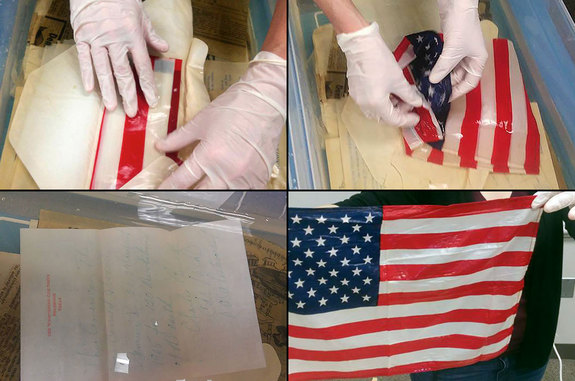 A U.S. flag flown on NASA's Gemini 5 mission was found among the Clear Lake Theatre time capsule contents on April 20, 2016.