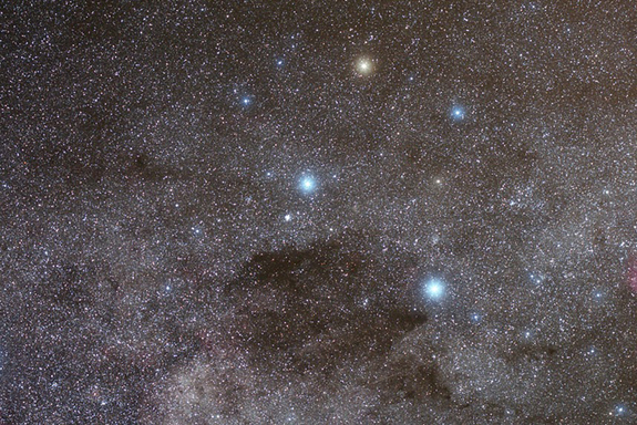 The famous Southern Cross constellation is composed of four main stars: Acrux (Alpha Crucis), at bottom; Becrux (Beta Crucis), at left; Gacrux (Gamma Crucis), at top; and Delta Crucis, at right.