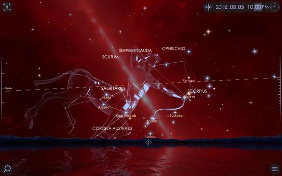 The center of the Milky Way galaxy is in the constellation of Sagittarius and is best seen in late summer. Normally darkened in visible light by intervening gas and dust, it shines brightly in infrared and radio wavelengths.