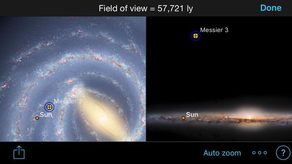 With a tap on the Galaxy icon, the SkySafari 5 Pro app for iOS allows you to see the position of stars and objects in our galaxy. Shown here is the bright spring globular cluster, Messier 3, one of many such objects that encircle our galaxy, and others.