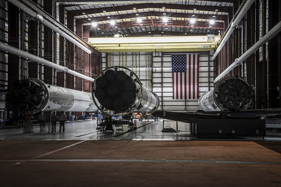 Shot of SpaceX’s three landed Falcon 9 first stages in a hangar at Kennedy Space Center’s Launch Complex 39A. Photo taken May 14, 2016. 