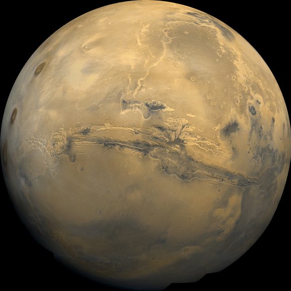 Mars' gigantic Valles Marineris canyon system is seen in this mosaic of images taken by NASA's Viking 1 orbiter.