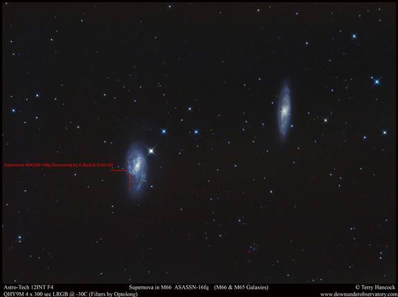 A wider view of galaxy M66 and its companion, M65, taken on March 28, 2016, from western Michigan. The location of supernova ASASSN-16fq is indicated with red lines.