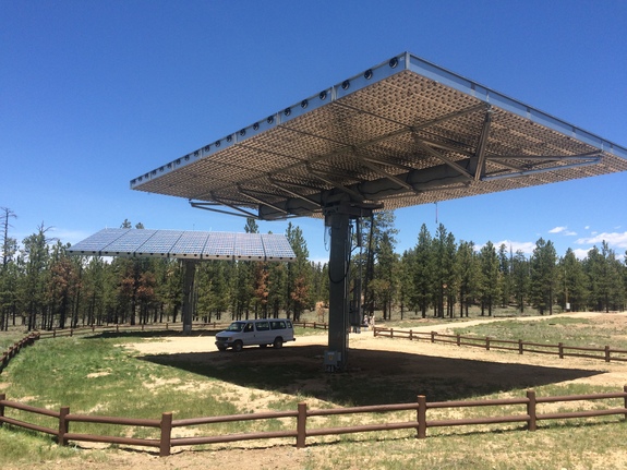 These giant, Concentrating PhotoVoltaic (CPV) solar panels are located just next to the Bryce Canyon National Park visitor center. The solar panels follow the path of the sun throughout the day. 