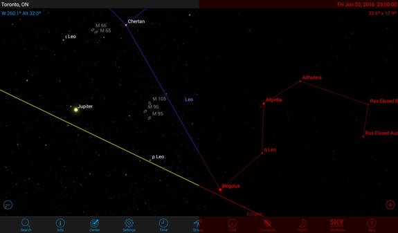 The SkySafari app features a handy icon to toggle night mode on and off with a tap, painting the main screen and all menus and keyboards in red. Both modes are shown here for comparison purposes. 