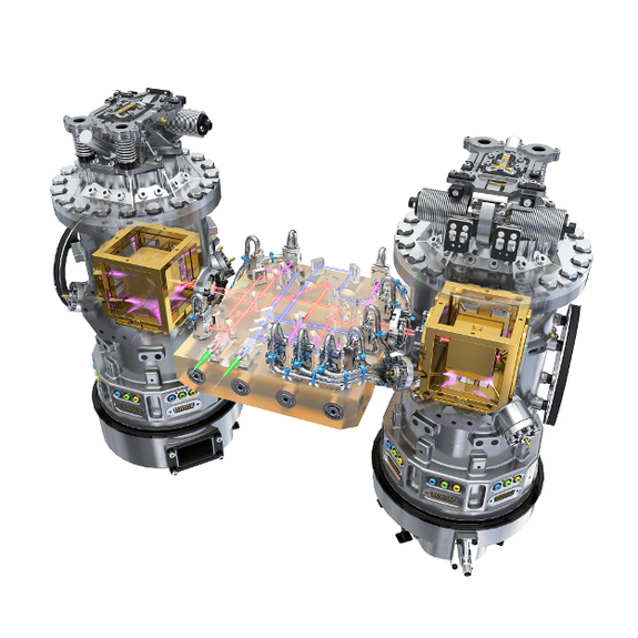 Artist's impression showing the core of the LISA Pathfinder technology package, which consists of two gold-platinum cubes kept in close to a perfect free-fall state.