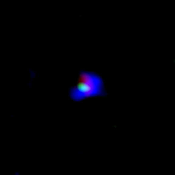 A close-up view of the ancient galaxy SXDF-NB1006-2, showing ionized oxygen (in green) as seen by the ALMA radio telescope, and ionized hydrogen (in blue) seen by the Subaru Telescope. Ultraviolet light detected by the UK Infrared Telescope is shown in red. 