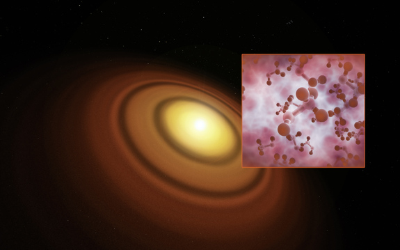 This artist’s impression shows the closest known protoplanetary disc, around the star TW Hydrae in the huge constellation of Hydra (The Female Watersnake). The organic molecule methyl alcohol (methanol) has been found by the Atacama Large Millimeter/submillimeter Array (ALMA) in this disc. This is the first such detection of the compound in a young planet-forming disc. 