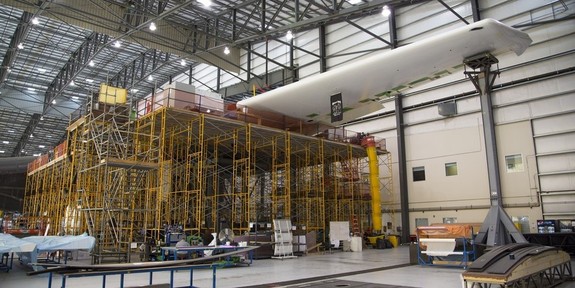 Tip of the massive Stratolaunch airplane's left wing. The plane measures 385 feet from wing to wing.