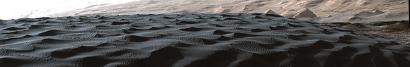 This photo by NASA's Mars rover Curiosity shows large wind ripples with superimposed small ripples on the Namib Dune of the Bagnold Dune Field inside Gale Crater. 