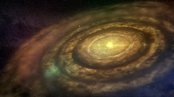 An illustration of a protoplanetary disc around a newborn star. 