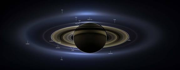 On July 19, 2013, the Cassini spacecraft captured this composite of 141 wide images, showing Saturn and its rings backlit, with several of the moons nearby. The sun, obscured by the planet, shines through Saturn's atmosphere and the rings. The inner planets Venus and Mars sit at Saturn's upper left, while the Earth and moon are captured in one tiny blue pixel just below the rings to the lower right. NASA encouraged the people of Earth to turn and wave greetings to Cassini.