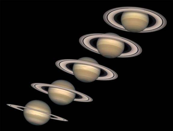 Saturn's axial tilt is responsible for our breathtaking views of its rings, but it also means that they vary in openness as the planet's pole swings toward and away from us by varying amounts during its 30-year orbit. At Saturn's equinoxes every 14.73 years, it tilts to the side, aligning the rings' edge on to us, and making them all but disappear for a few months. 