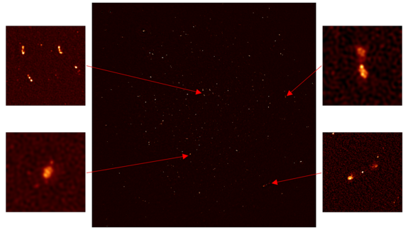 The four insets show zoomed in sections of the MeerKAT first light image. The two panels to the right show distant galaxies with massive black holes at their centers. 