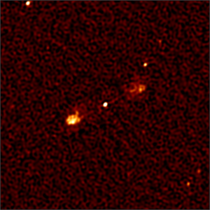 This image shows about 1 percent of the full MeerKAT image, which contains a Fanaroff-Riley Class 2 (FR2) object: A massive black hole in the distant universe, with gas and dust falling onto it. The black hole spews some of the material back into space in the form of jets that emit radio waves.