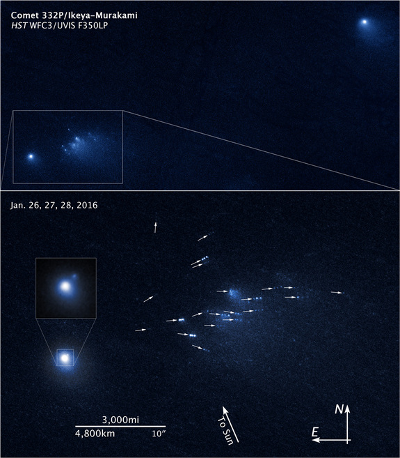 A view of Comet 332P/Ikeya-Murakami, captured by the Hubble Space Telescope and annotated to show the pieces of the comet that have broken off from the comet nucleus.