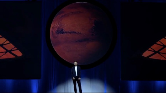 Elon Musk, founder and CEO of SpaceX, outlined the company's plans to colonize Mars, speaking at the International Astronautical Congress meeting in Guadalajara, Mexico, on Sept. 27, 2016. Image taken from a SpaceX webcast of the event. 