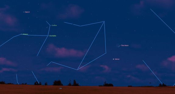 Venus will be visible near the crescent moon Oct. 3, 2016. Here, it's shown at 7 p.m. local time.