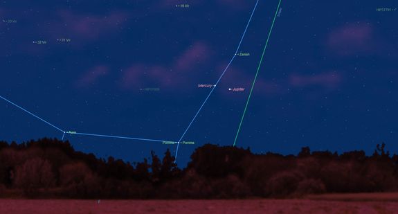 Mercury will be only 0.8 degrees north (to the left) of Jupiter the morning of Monday, Oct. 11. Catch the two planets between 6:30 a.m. and 7 a.m. local time, when the sun rises and obscures them.